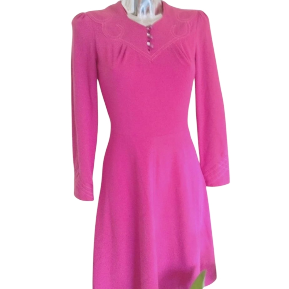 Pink A-Line Dress with Bishop Sleeves and V-Neck